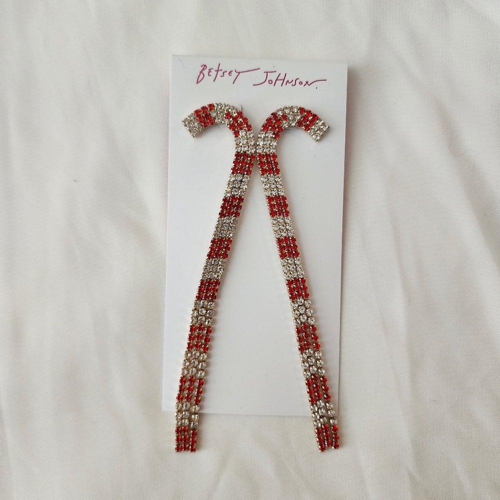 Betsey Johnson Red & Silver Rhinestone Candy Cane Dangle Earrings